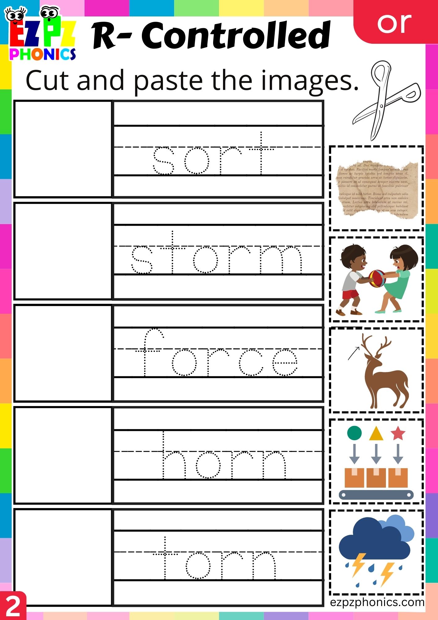 Cut and paste worksheet for or words R Controlled Vowels Phonics group 2